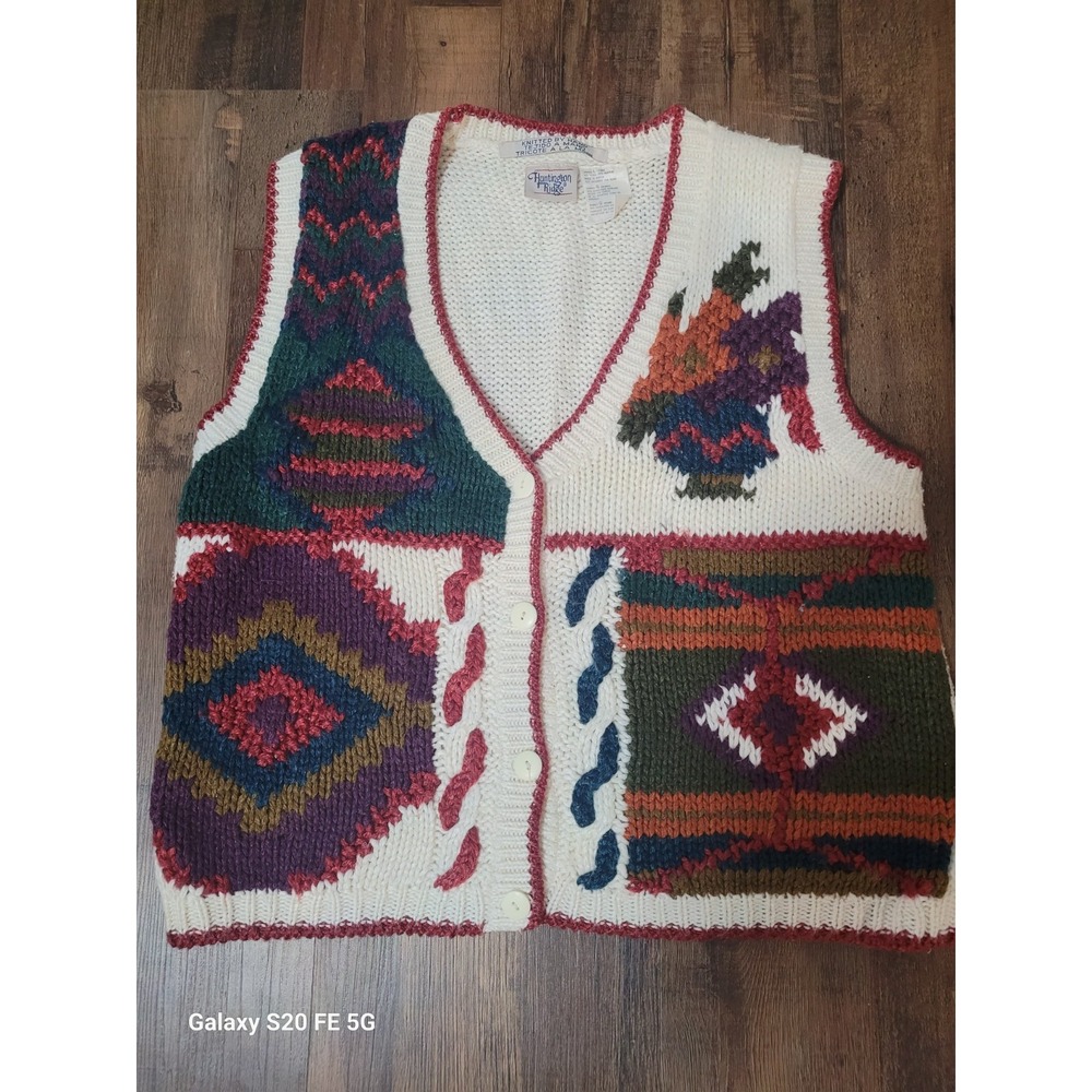 Huntington Ridge Hand Knitted Vintage Folk Womens L Vest Grannycore Boho Chunky